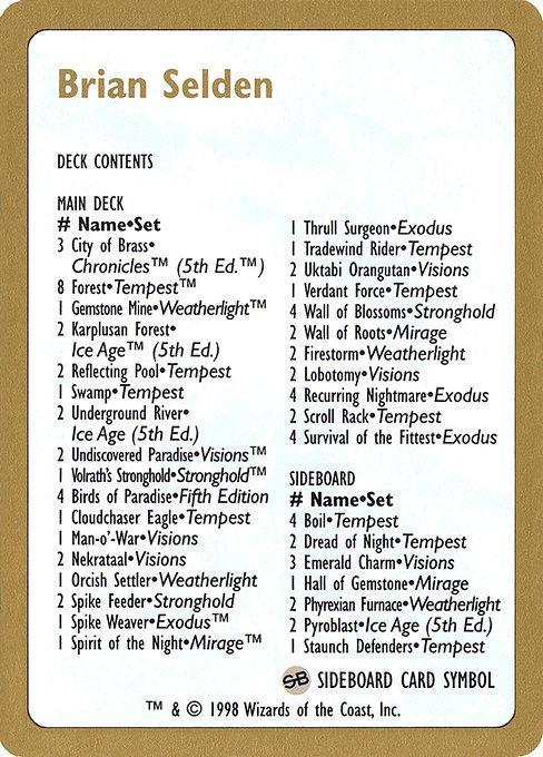 Brian Selden Decklist - World Championship Decks 1998
